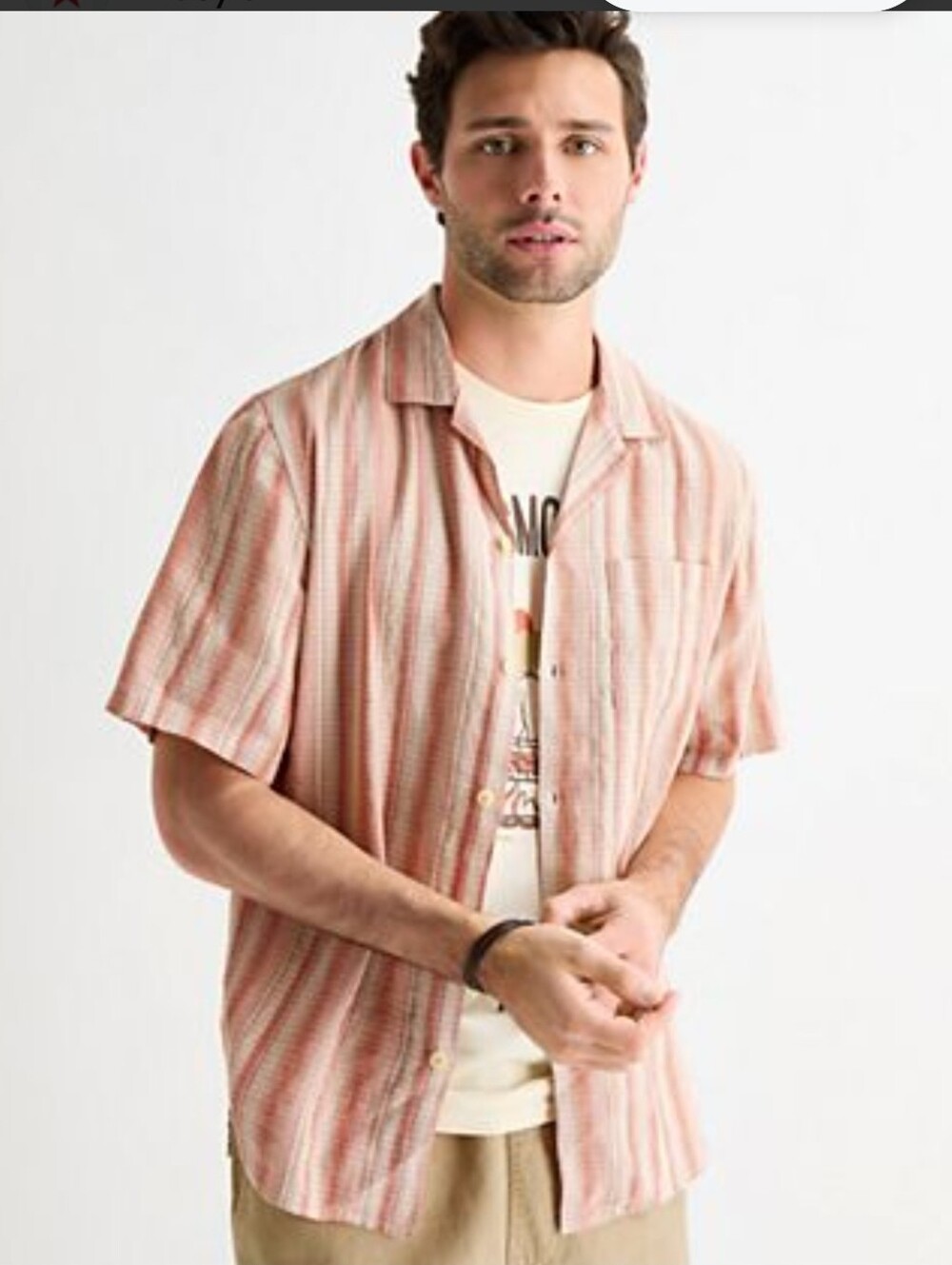Jos. A. Bank Short-Sleeve Button-Down Linen Shirt in Pink Stripes Size M